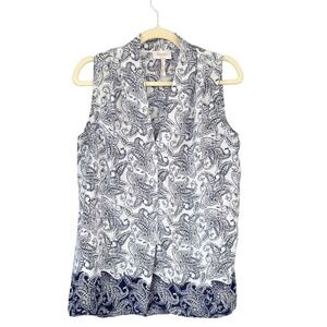 Laundry by Shelli Segal Paisley Blouse Sleeveless Top White Blue S‎